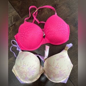 2 VS push up bras 34d hot pink cheetah and tie dye purple